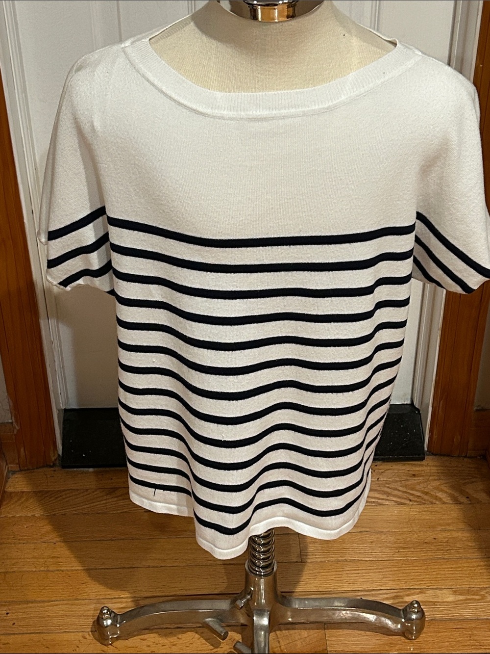 Marled White and Black Striped Short-Sleeve Crewneck Sweater